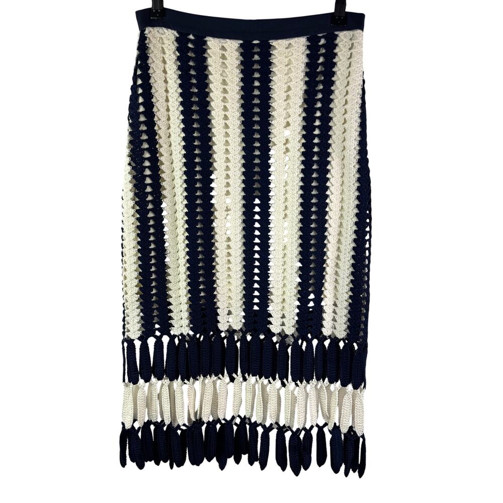 Anthropologie Eva Franco Navy Blue White Midi Skirt Crochet Striped Size Small S